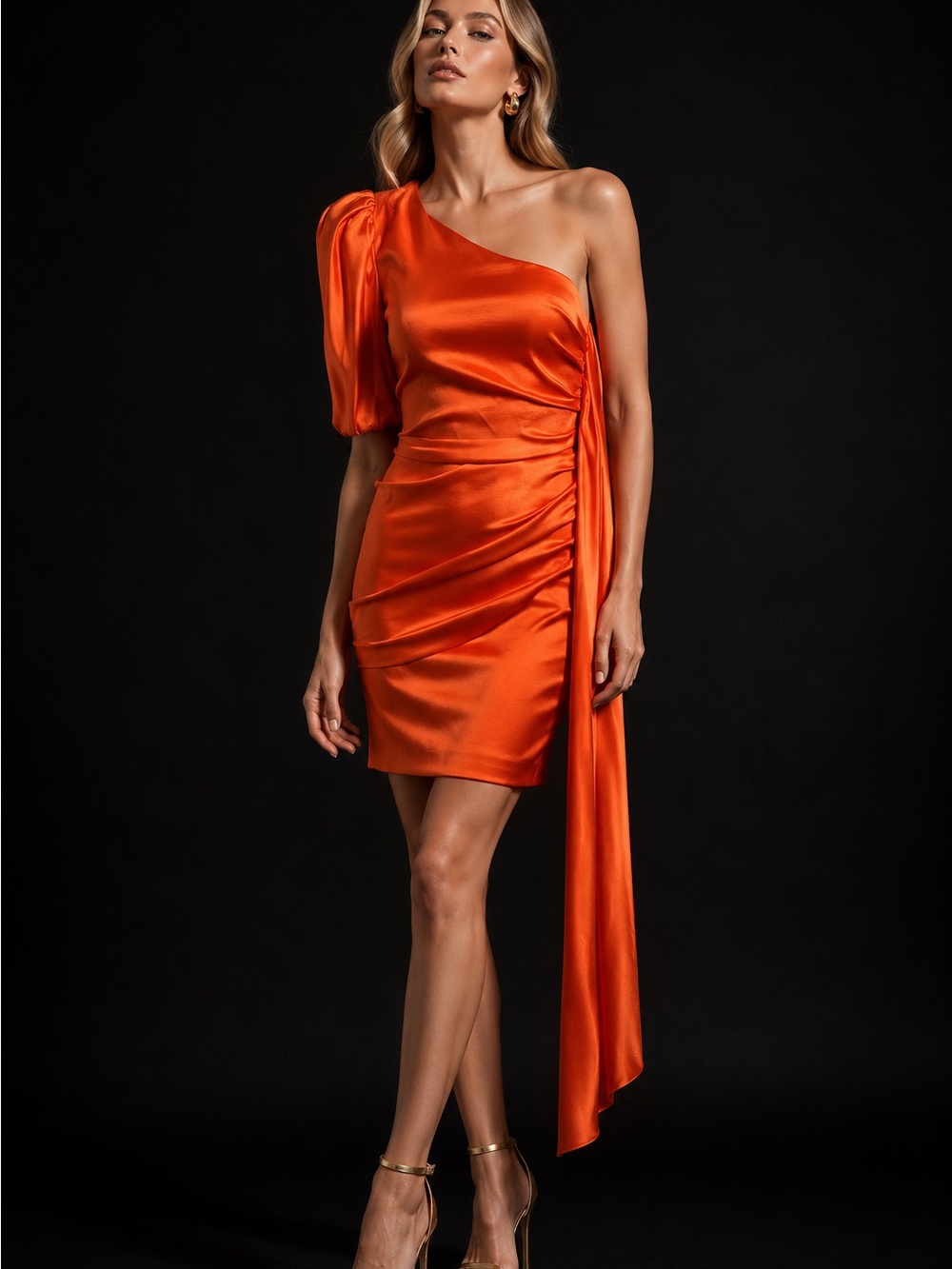 Posh Couture One-Shoulder Orange Mini Dress